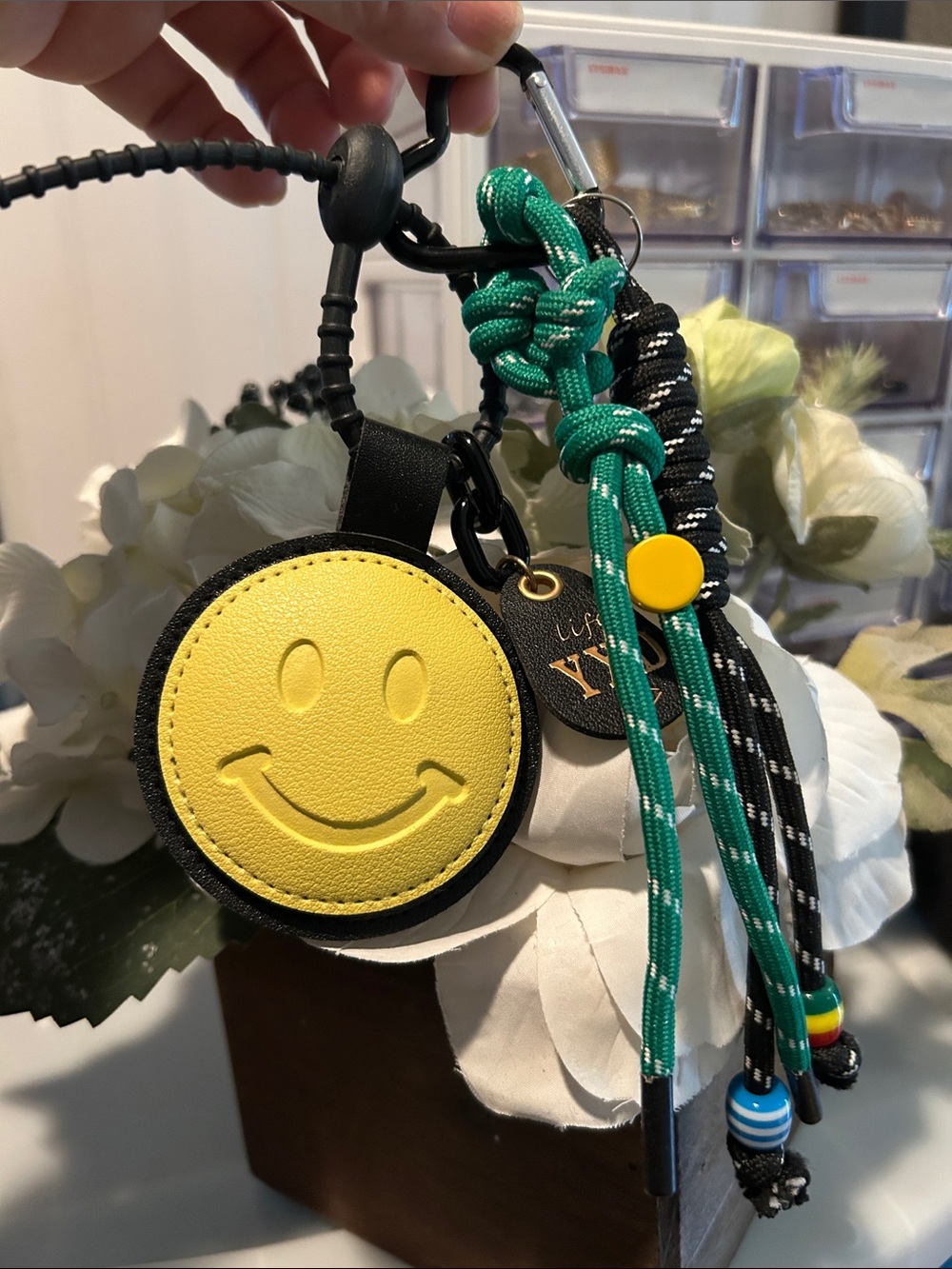Yellow Smiley Face Leather Keychain with Colorful Cord Tassels